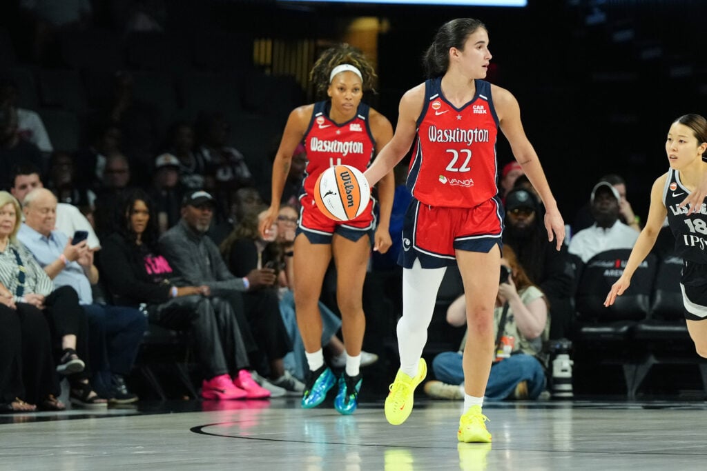Aug 13, 2026; Las Vegas, Nevada, USA; Washington Mystics guard Sonia Citron (22) dribbles against the Las Vegas Aces in the third quarter at Michelob Ultra Arena. Mandatory Credit: Candice Ward-Imagn Images