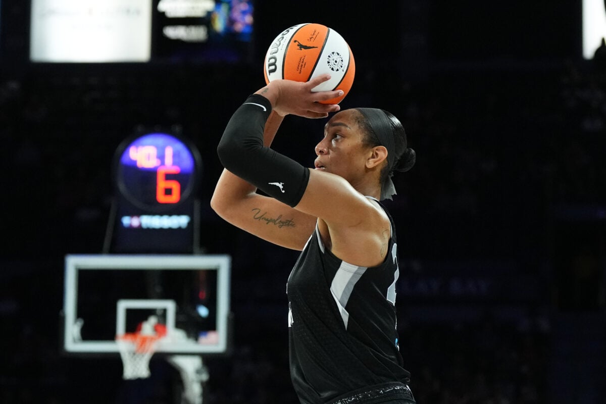 Aug 13, 2026; Las Vegas, Nevada, USA; Las Vegas Aces center A'ja Wilson (22) shoots against the Washington Mystics in the fourth quarter at Michelob Ultra Arena. Mandatory Credit: Candice Ward-Imagn Images