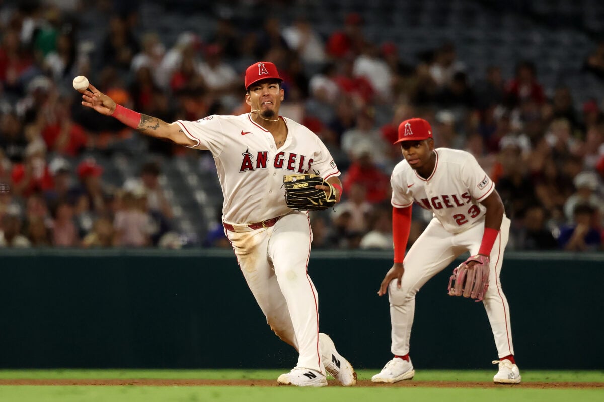 Aug 13, 2026; Anaheim, California, USA; Los Angeles Angels third baseman Vaughn Grissom (5) throws a ball to first during the fifth inning against the Texas Rangers at Angel Stadium. Mandatory Credit: Kiyoshi Mio-Imagn Images
