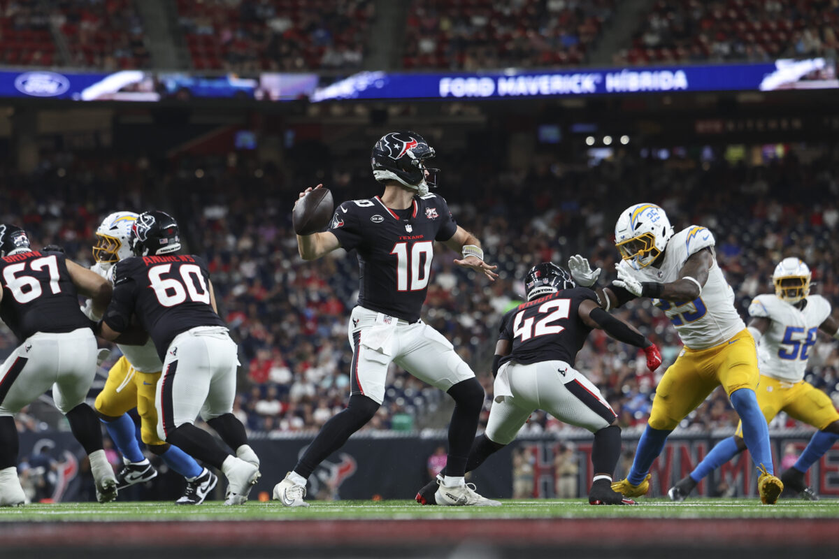 Aug 13, 2026; Houston, Texas, USA; Houston Texans quarterback Davis Mills (10) attempts a pass during the game against the Los Angeles Chargers at Reliant Stadium. Mandatory Credit: Troy Taormina-Imagn Images