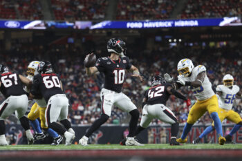 Aug 13, 2026; Houston, Texas, USA;  Houston Texans quarterback Davis Mills (10) attempts a pass during the game against the Los Angeles Chargers at Reliant Stadium. Mandatory Credit: Troy Taormina-Imagn Images