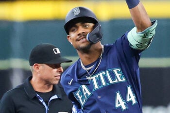 Aug 14, 2026; Houston, Texas, USA; Seattle Mariners designated hitter Julio Rodriguez (44) reacts to his RBI double against the Houston Astros in the first inning at Daikin Park. Mandatory Credit: Thomas Shea-Imagn Images