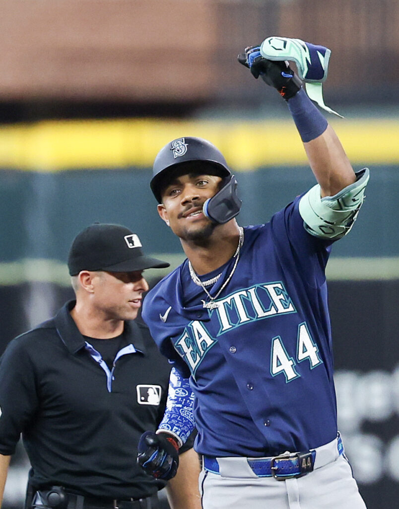 Aug 14, 2026; Houston, Texas, USA; Seattle Mariners designated hitter Julio Rodriguez (44) reacts to his RBI double against the Houston Astros in the first inning at Daikin Park. Mandatory Credit: Thomas Shea-Imagn Images
