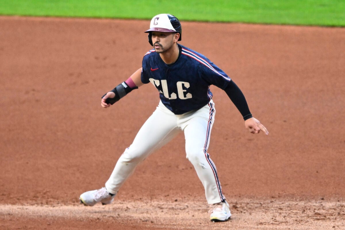 Aug 14, 2026; Cleveland, Ohio, USA; Cleveland Guardians left fielder Steven Kwan (38) takes a lead off first base in the first inning against the San Diego Padres at Progressive Field. Mandatory Credit: David Richard-Imagn Images