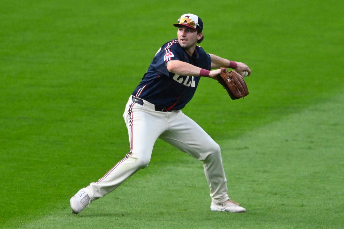 Aug 14, 2026; Cleveland, Ohio, USA; Cleveland Guardians right fielder Chase DeLauter (24) throws the ball to the infield in the second inning against the San Diego Padres at Progressive Field. Mandatory Credit: David Richard-Imagn Images