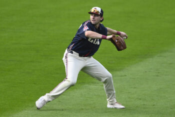 Aug 14, 2026; Cleveland, Ohio, USA; Cleveland Guardians right fielder Chase DeLauter (24) throws the ball to the infield in the second inning against the San Diego Padres at Progressive Field. Mandatory Credit: David Richard-Imagn Images