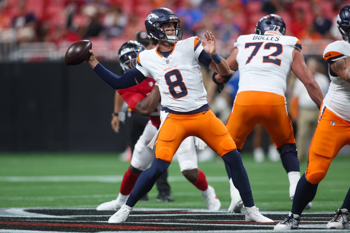 Aug 14, 2026; Atlanta, Georgia, USA; Denver Broncos quarterback Jarrett Stidham (8) throws a pass against the Atlanta Falcons in the first quater at Mercedes-Benz Stadium. Mandatory Credit: Brett Davis-Imagn Images