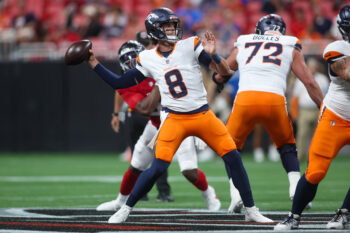 Aug 14, 2026; Atlanta, Georgia, USA; Denver Broncos quarterback Jarrett Stidham (8) throws a pass against the Atlanta Falcons in the first quater at Mercedes-Benz Stadium. Mandatory Credit: Brett Davis-Imagn Images