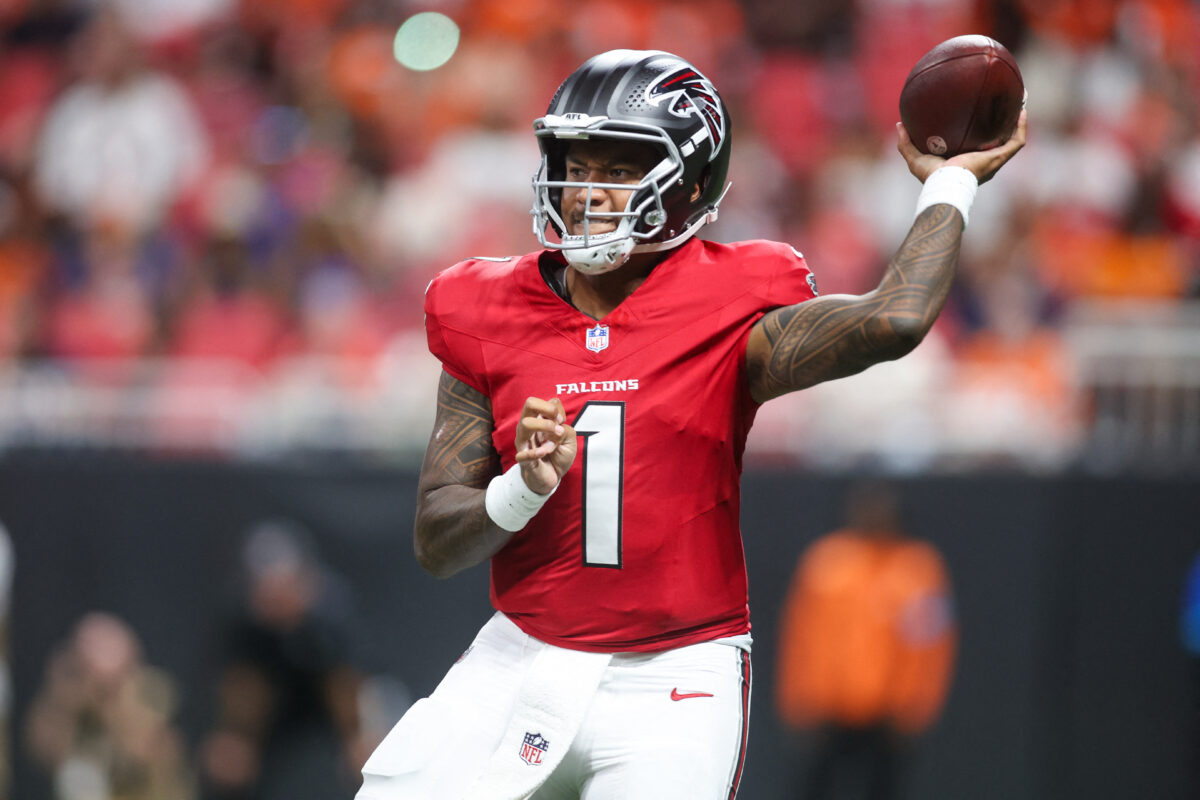 Aug 14, 2026; Atlanta, Georgia, USA; Atlanta Falcons quarterback Tua Tagovailoa (1) throws a pass against the Denver Broncos in the first quater at Mercedes-Benz Stadium. Mandatory Credit: Brett Davis-Imagn Images