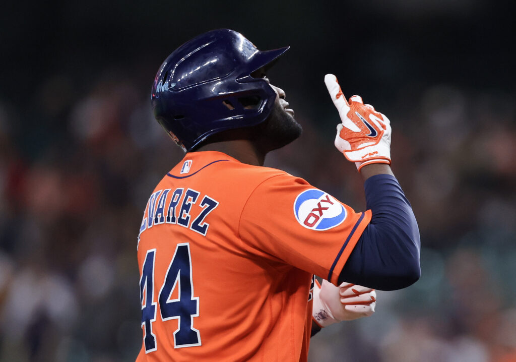 Aug 14, 2026; Houston, Texas, USA;  Houston Astros designated hitter Yordan Alvarez (44) reacts to his home run against the Seattle Mariners in the first inning at Daikin Park. Mandatory Credit: Thomas Shea-Imagn Images