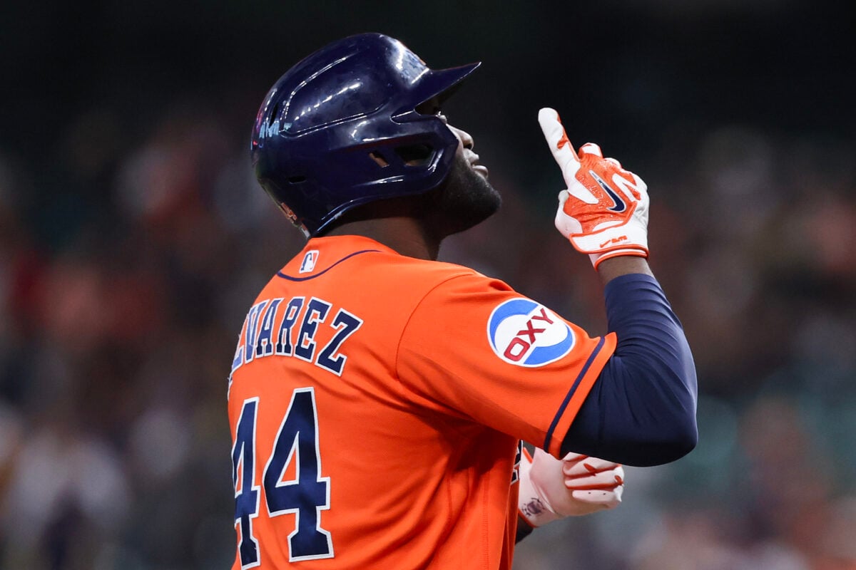 Aug 14, 2026; Houston, Texas, USA;  Houston Astros designated hitter Yordan Alvarez (44) reacts to his home run against the Seattle Mariners in the first inning at Daikin Park. Mandatory Credit: Thomas Shea-Imagn Images