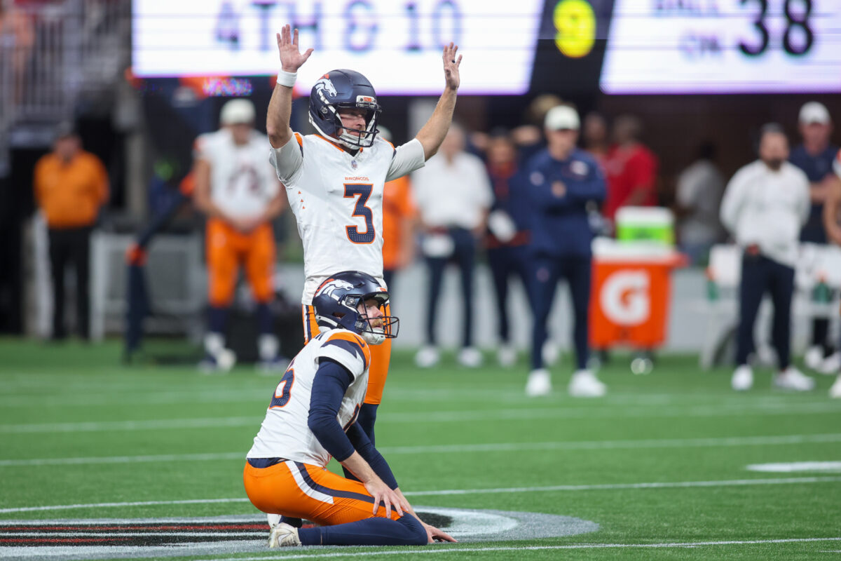 Aug 14, 2026; Atlanta, Georgia, USA; Denver Broncos place kicker Wil Lutz (3) lines up for a field goal against the Atlanta Falcons in the fourth quater at Mercedes-Benz Stadium. Mandatory Credit: Brett Davis-Imagn Images