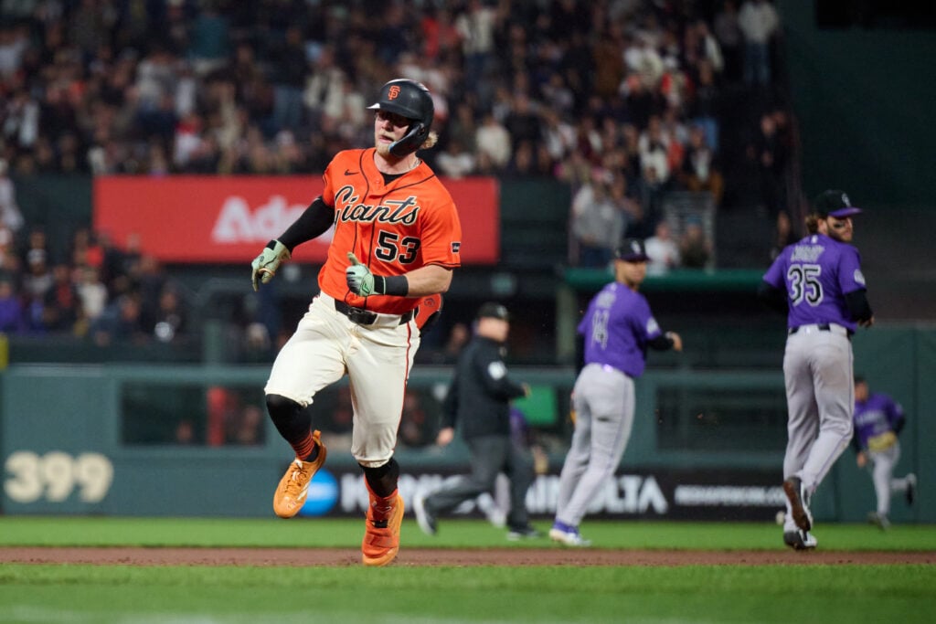 Aug 14, 2026; San Francisco, California, USA; San Francisco Giants outfielder Jonah Cox (53) runs after hitting a triple against Colorado Rockies pitcher Brennan Bernardino (not pictured) during the ninth inning at Oracle Park. Mandatory Credit: Robert Edwards-Imagn Images