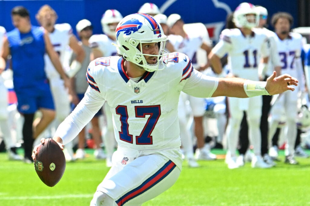 Aug 15, 2026; Orchard Park, New York, USA; Buffalo Bills quarterback Josh Allen (17) moves out of the pocket against the Carolina Panthers in the first quarter at the New Highmark Stadium. Mandatory Credit: Mark Konezny-Imagn Images