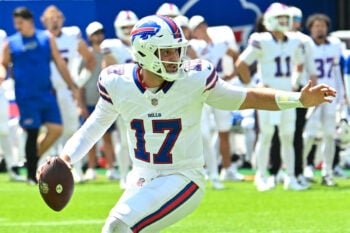 Aug 15, 2026; Orchard Park, New York, USA; Buffalo Bills quarterback Josh Allen (17) moves out of the pocket against the Carolina Panthers in the first quarter at the New Highmark Stadium. Mandatory Credit: Mark Konezny-Imagn Images