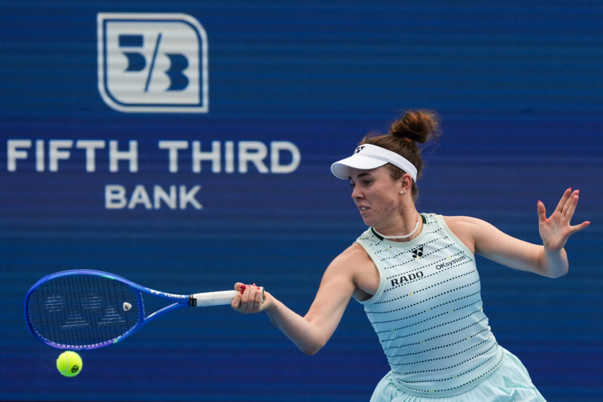Aug 15, 2026; Mason, OH, USA;  Linda Noskova (CZE) returns a shot against Katie Boulter (GBR) during the Cincinnati Open at Lindner Family Tennis Center. Mandatory Credit: Aaron Doster-Imagn Images