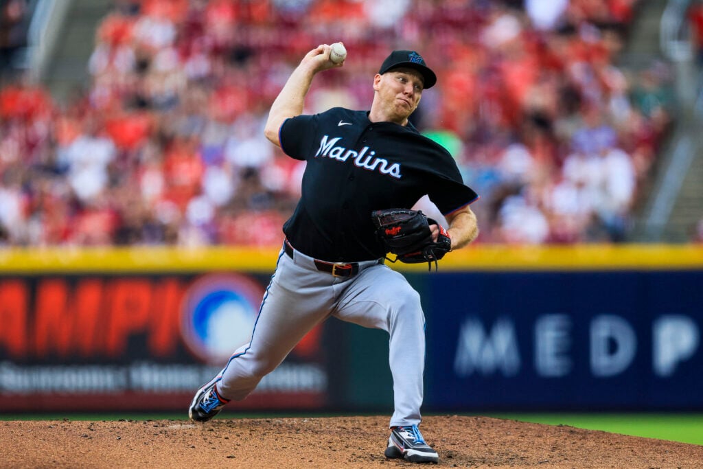 Aug 15, 2026; Cincinnati, Ohio, USA; Miami Marlins starting pitcher Ryan Gusto (65) pitches against the Cincinnati Reds in the third inning at Great American Ball Park. Mandatory Credit: Katie Stratman-Imagn Images