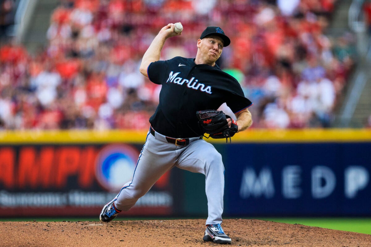 Aug 15, 2026; Cincinnati, Ohio, USA; Miami Marlins starting pitcher Ryan Gusto (65) pitches against the Cincinnati Reds in the third inning at Great American Ball Park. Mandatory Credit: Katie Stratman-Imagn Images