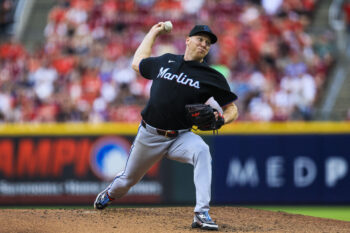 Aug 15, 2026; Cincinnati, Ohio, USA; Miami Marlins starting pitcher Ryan Gusto (65) pitches against the Cincinnati Reds in the third inning at Great American Ball Park. Mandatory Credit: Katie Stratman-Imagn Images