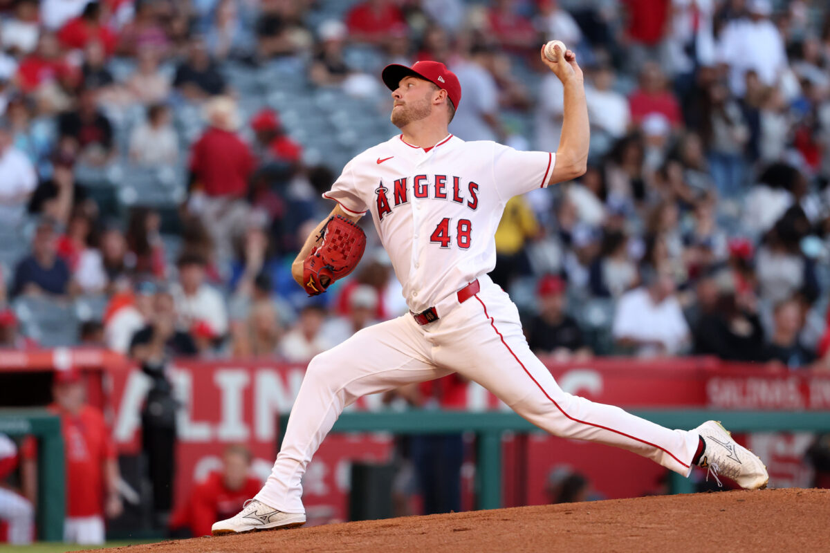 Aug 15, 2026; Anaheim, California, USA; Los Angeles Angels pitcher Reid Detmers (48) pitches during the first inning against the Kansas City Royals at Angel Stadium. Mandatory Credit: Kiyoshi Mio-Imagn Images