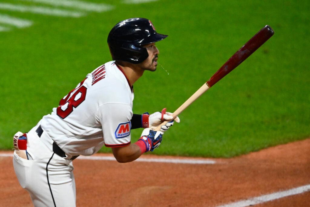 Aug 15, 2026; Cleveland, Ohio, USA; Cleveland Guardians left fielder Steven Kwan (38) hits an RBI double in the fifth inning against the San Diego Padres at Progressive Field. Mandatory Credit: David Richard-Imagn Images