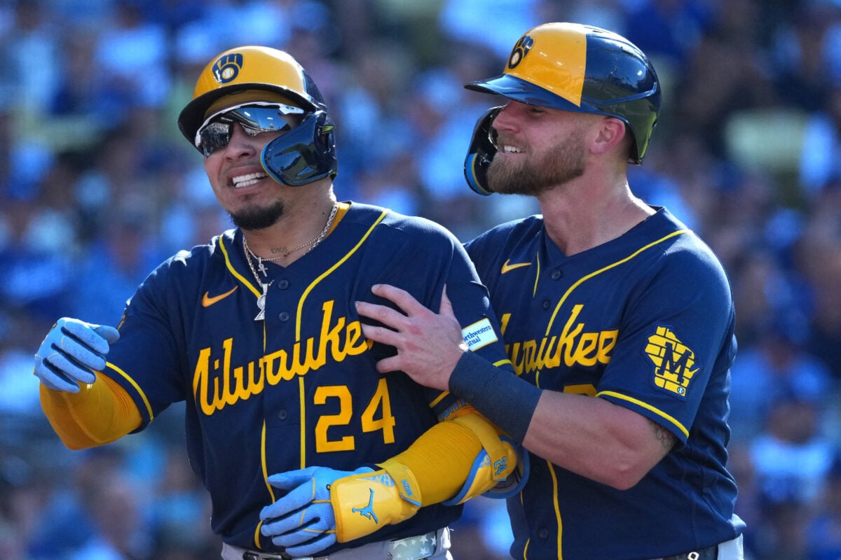 Aug 15, 2026; Los Angeles, California, USA; Milwaukee Brewers catcher William Contreras (24) celebrates with right fielder Jake Bauers (9) after hitting a two-run home run in the fourth inning against the Los Angeles Dodgers at Dodger Stadium. Mandatory Credit: Kirby Lee-Imagn Images