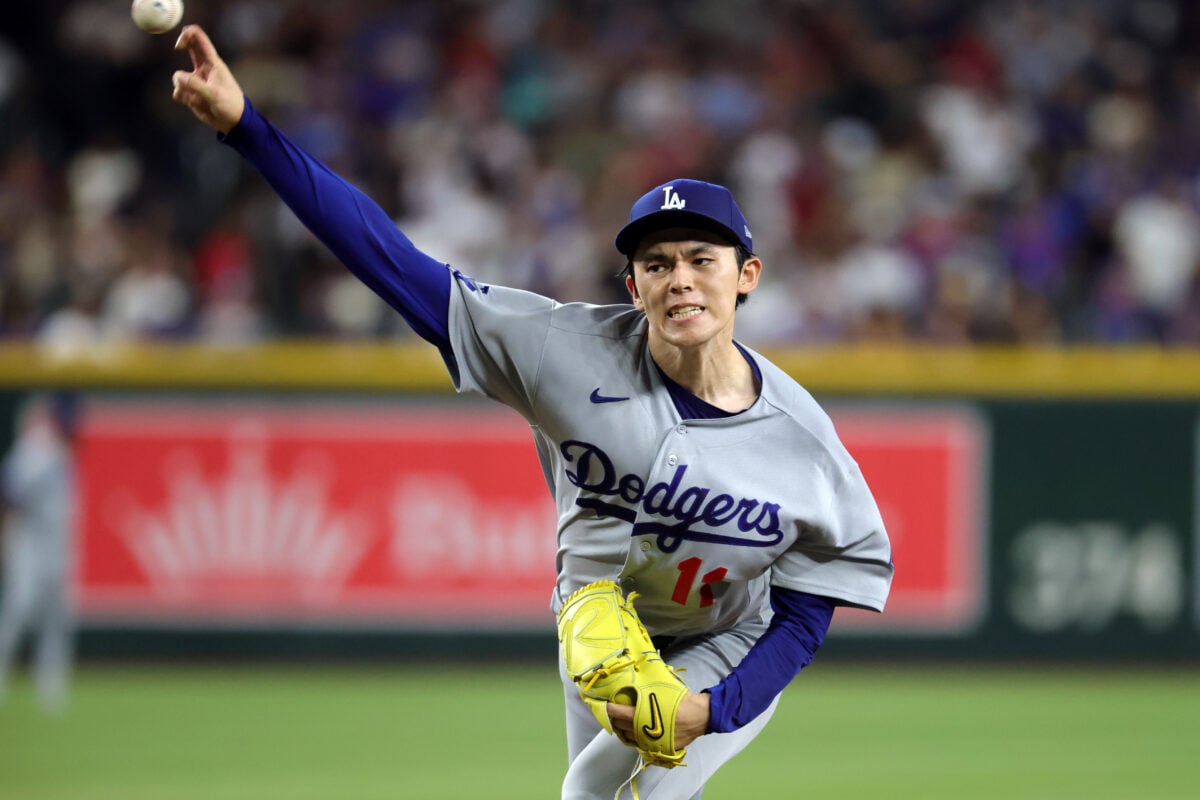 Aug 7, 2026; Phoenix, Arizona, USA; Los Angeles Dodgers pitcher Roki Sasaki against the Arizona Diamondbacks at Chase Field. Mandatory Credit: Mark J. Rebilas-Imagn Images