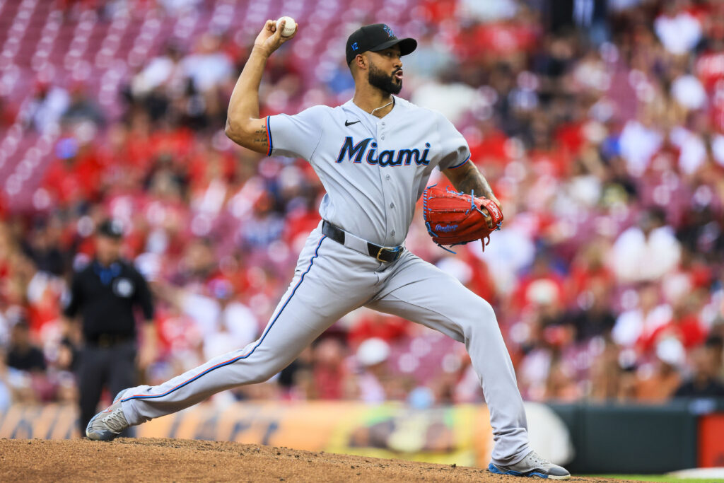 Aug 14, 2026; Cincinnati, Ohio, USA; Miami Marlins starting pitcher Sandy Alcantara (22) pitches against the Cincinnati Reds in the second inning at Great American Ball Park. Mandatory Credit: Katie Stratman-Imagn Images