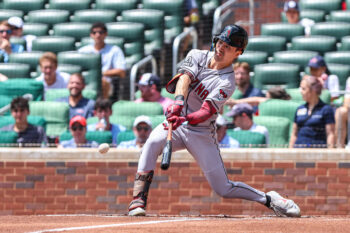Aug 16, 2026; Cumberland, Georgia, USA; Arizona Diamondbacks right fielder Corbin Carroll (7) hits a single against the Atlanta Braves during the first inning at Truist Park. Mandatory Credit: Jordan Godfree-Imagn Images