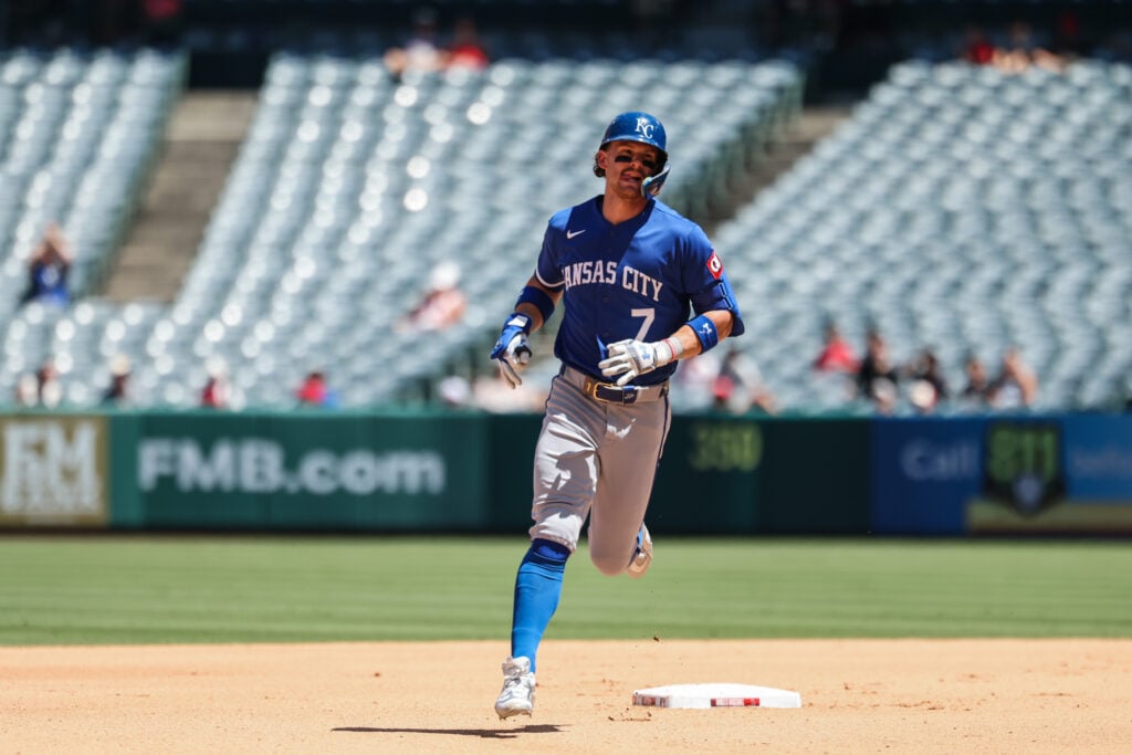 Aug 16, 2026; Anaheim, California, USA; Kansas City Royals shortstop Bobby Witt Jr. (7) rounds the bases after hitting a solo homerun during the bottom of the fifth inning against the Los Angeles Angels at Angel Stadium. Mandatory Credit: William Navarro-Imagn Images