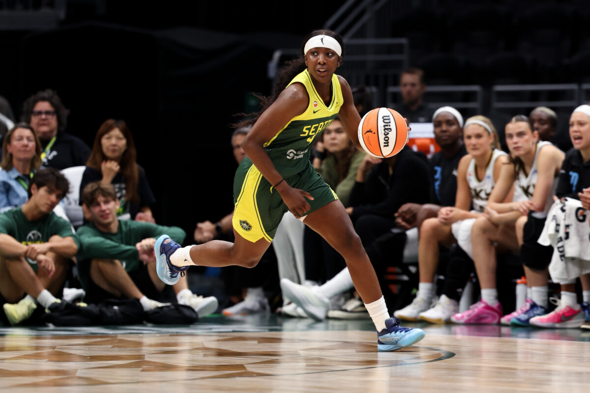 Aug 16, 2026; Seattle, Washington, USA; Seattle Storm guard Flau'jae Johnson (4) drives the ball in the second half against the Chicago Sky  at Climate Pledge Arena. Mandatory Credit: Kevin Ng-Imagn Images