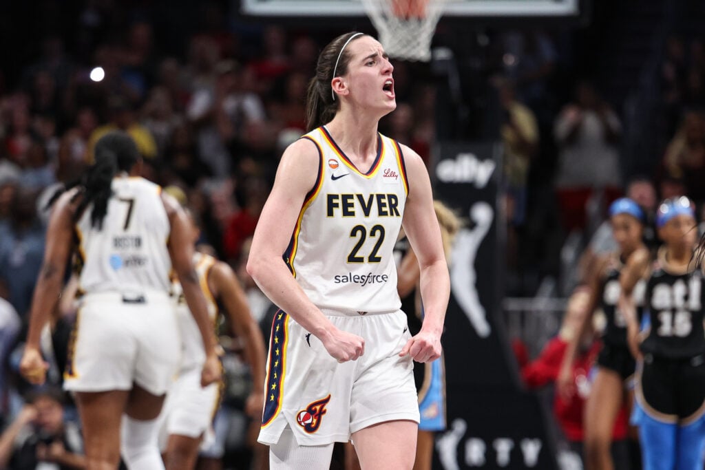 Aug 16, 2026; Atlanta, Georgia, USA; Indiana Fever guard Caitlin Clark (22) reacts against the Atlanta Dream during overtime at State Farm Arena. Mandatory Credit: Colin Hubbard-Imagn Images