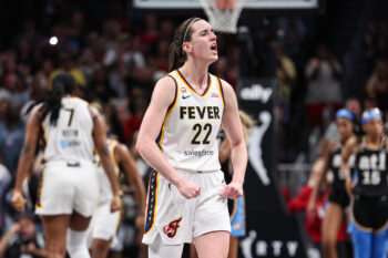 Aug 16, 2026; Atlanta, Georgia, USA; Indiana Fever guard Caitlin Clark (22) reacts against the Atlanta Dream during overtime at State Farm Arena. Mandatory Credit: Colin Hubbard-Imagn Images