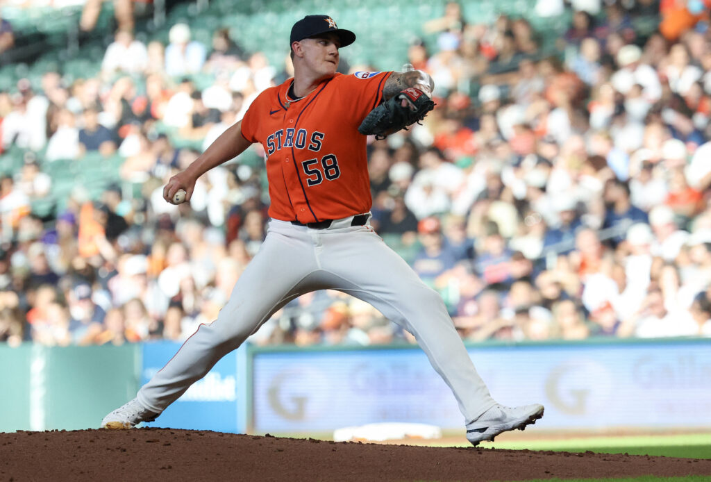 Aug 16, 2026; Houston, Texas, USA;  Houston Astros starting pitcher Hunter Brown (58) pitches against the Seattle Mariners in the second inning at Daikin Park. Mandatory Credit: Thomas Shea-Imagn Images