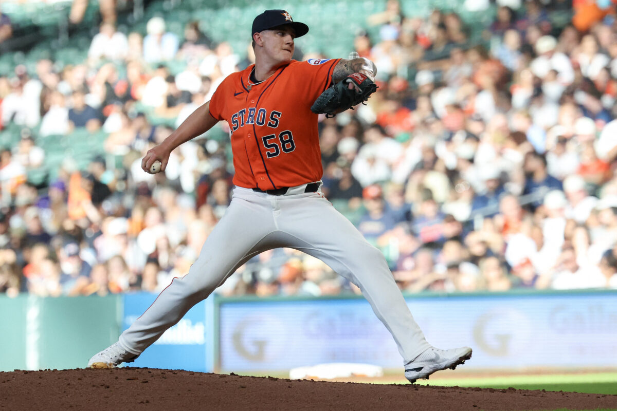 Aug 16, 2026; Houston, Texas, USA;  Houston Astros starting pitcher Hunter Brown (58) pitches against the Seattle Mariners in the second inning at Daikin Park. Mandatory Credit: Thomas Shea-Imagn Images