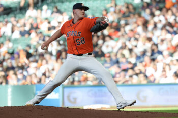 Aug 16, 2026; Houston, Texas, USA;  Houston Astros starting pitcher Hunter Brown (58) pitches against the Seattle Mariners in the second inning at Daikin Park. Mandatory Credit: Thomas Shea-Imagn Images