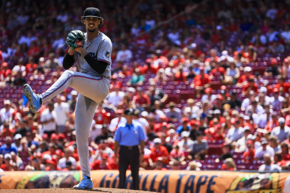 Aug 16, 2026; Cincinnati, Ohio, USA; Miami Marlins starting pitcher Eury Perez (39) pitches against the Cincinnati Reds in the second inning at Great American Ball Park. Mandatory Credit: Katie Stratman-Imagn Images