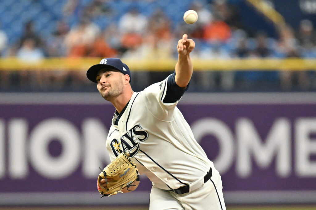 Aug 17, 2026; St. Petersburg, Florida, USA; Tampa Bay Rays starting pitcher Shane McClanahan (12) throws a pitch in the second inning against the Baltimore Orioles at Tropicana Field. Mandatory Credit: Jonathan Dyer-Imagn Images