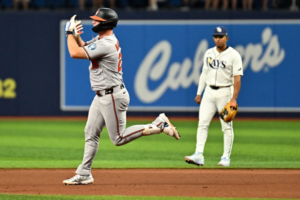 Aug 17, 2026; St. Petersburg, Florida, USA; Baltimore Orioles designated hitter Pete Alonso (25) reacts after hitting a solo home run in the fifth inning against the Tampa Bay Rays at Tropicana Field. Mandatory Credit: Jonathan Dyer-Imagn Images