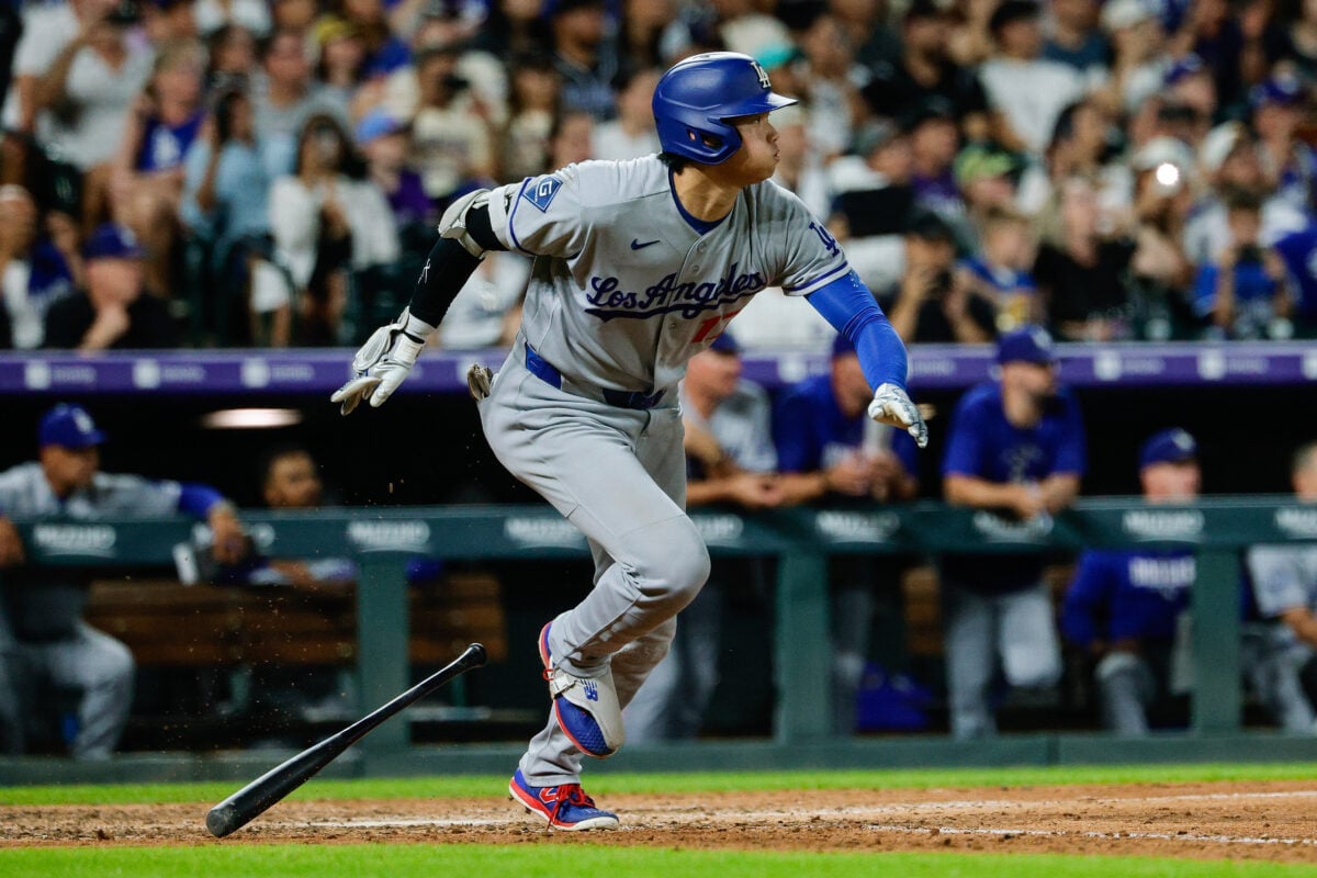 Aug 17, 2026; Denver, Colorado, USA; Los Angeles Dodgers designated hitter Shohei Ohtani (17) watches his ball on hit in the eighth inning against the Colorado Rockies at Coors Field. Mandatory Credit: Isaiah J. Downing-Imagn Images