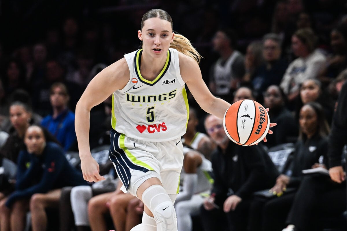 Aug 9, 2026; Minneapolis, Minnesota, USA; Dallas Wings guard Paige Bueckers (5) in action during the game against the Minnesota Lynx at Target Center. Mandatory Credit: Jeffrey Becker-Imagn Images