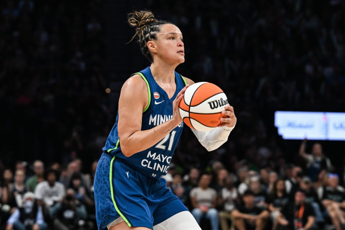 Aug 9, 2026; Minneapolis, Minnesota, USA; Minnesota Lynx guard Kayla McBride (21) shoots the ball against the Dallas Wings at Target Center. Mandatory Credit: Jeffrey Becker-Imagn Images