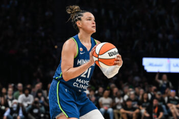 Aug 9, 2026; Minneapolis, Minnesota, USA; Minnesota Lynx guard Kayla McBride (21) shoots the ball against the Dallas Wings at Target Center. Mandatory Credit: Jeffrey Becker-Imagn Images
