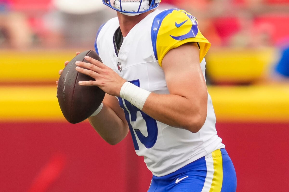 Aug 15, 2026; Kansas City, Missouri, USA; Los Angeles Rams quarterback Ty Simpson (15) drops back to pass during the second half against the Kansas City Chiefs at Arrowhead Stadium. Mandatory Credit: Jay Biggerstaff-Imagn Images