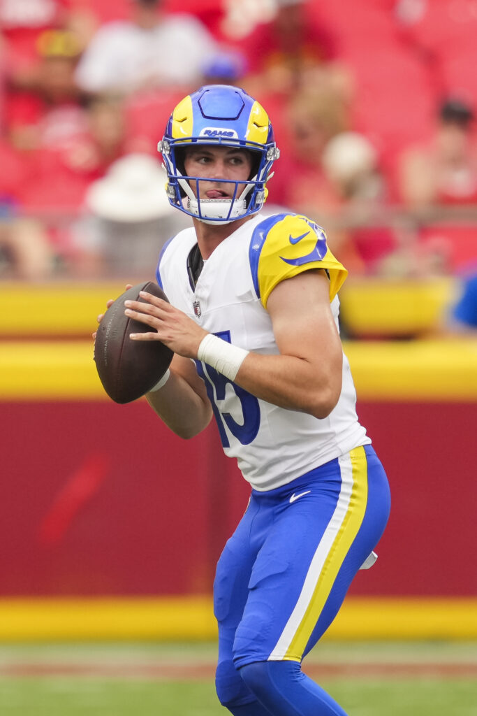 Aug 15, 2026; Kansas City, Missouri, USA; Los Angeles Rams quarterback Ty Simpson (15) drops back to pass during the second half against the Kansas City Chiefs at Arrowhead Stadium. Mandatory Credit: Jay Biggerstaff-Imagn Images
