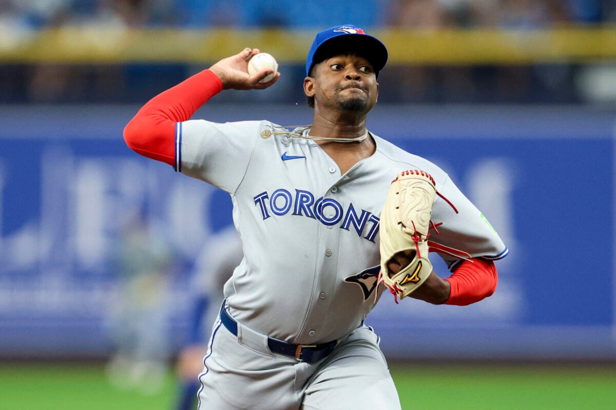 Aug 18, 2026; St. Petersburg, Florida, USA; Toronto Blue Jays starting pitcher Jose Soriano (40) throws a pitch against the Tampa Bay Rays in the first inning at Tropicana Field. Mandatory Credit: Nathan Ray Seebeck-Imagn Images