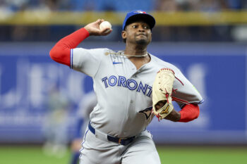 Aug 18, 2026; St. Petersburg, Florida, USA; Toronto Blue Jays starting pitcher Jose Soriano (40) throws a pitch against the Tampa Bay Rays in the first inning at Tropicana Field. Mandatory Credit: Nathan Ray Seebeck-Imagn Images