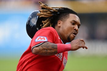 Aug 18, 2026; Cleveland, Ohio, USA; Cleveland Guardians third baseman Jose Ramirez (11) rounds third base en route to scoring during the second inning against the San Francisco Giants at Progressive Field. Mandatory Credit: Ken Blaze-Imagn Images
