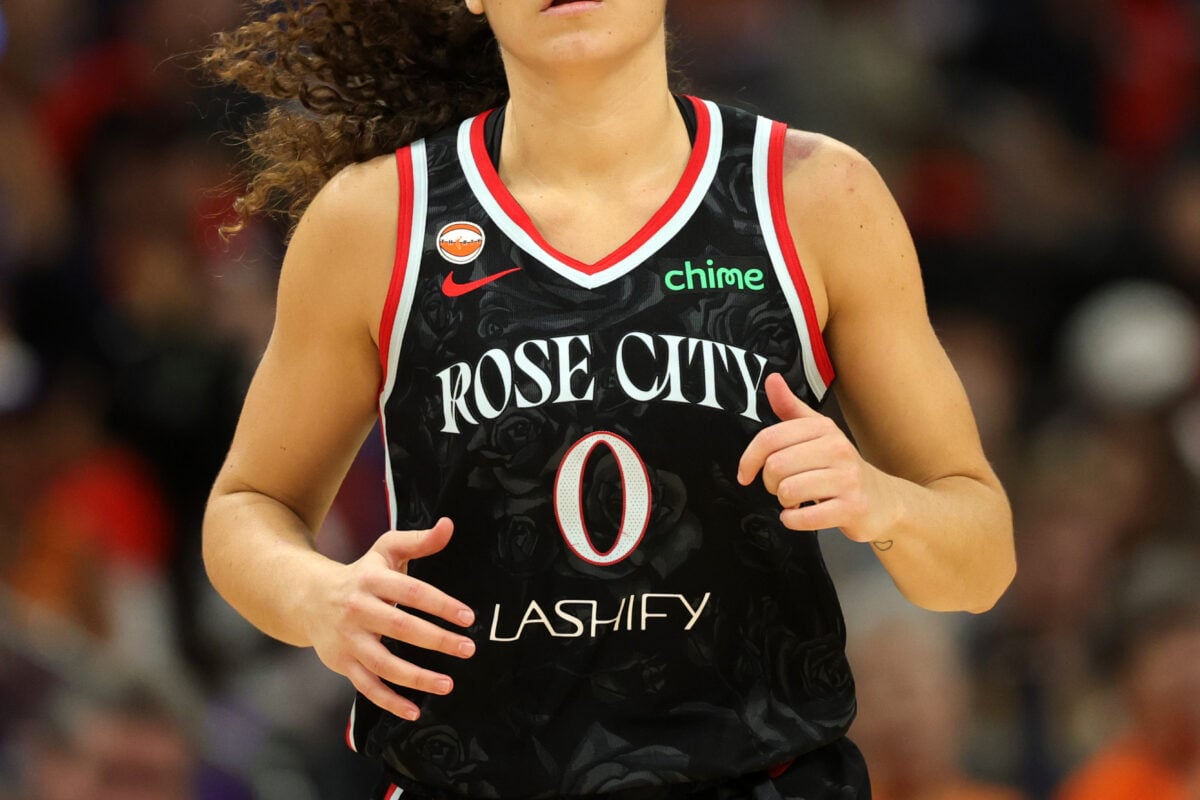 Aug 16, 2026; Phoenix, Arizona, USA; Portland Fire guard Carla Leite (0) against the Phoenix Mercury at Mortgage Matchup Center. Mandatory Credit: Mark J. Rebilas-Imagn Images