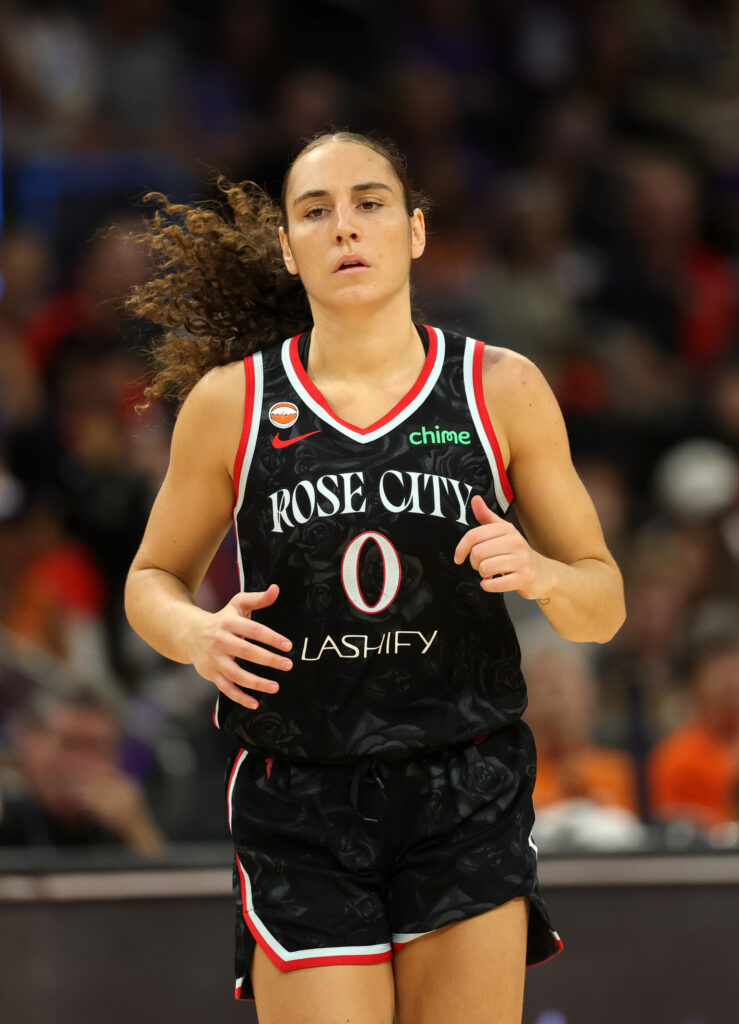 Aug 16, 2026; Phoenix, Arizona, USA; Portland Fire guard Carla Leite (0) against the Phoenix Mercury at Mortgage Matchup Center. Mandatory Credit: Mark J. Rebilas-Imagn Images